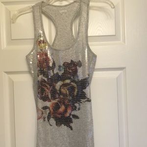 Sequin gray tank top with floral design.